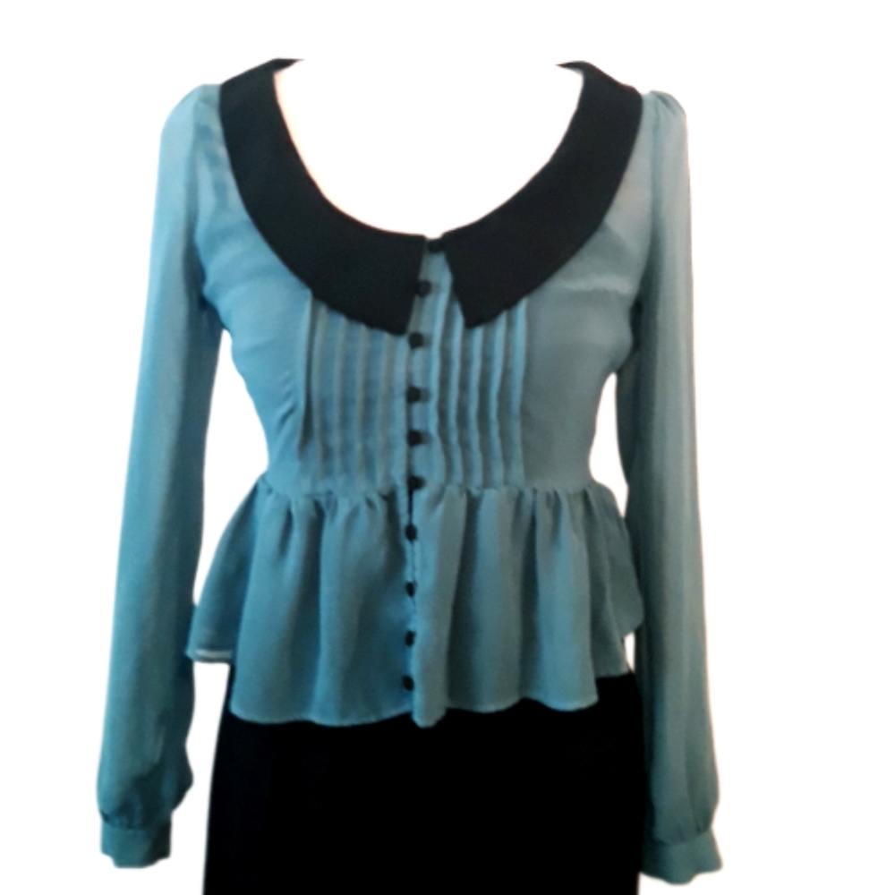 Double Zero Sheer Ruffle Front Blouse Size - Size Small/XS Teal Blue - Picture 14 of 14